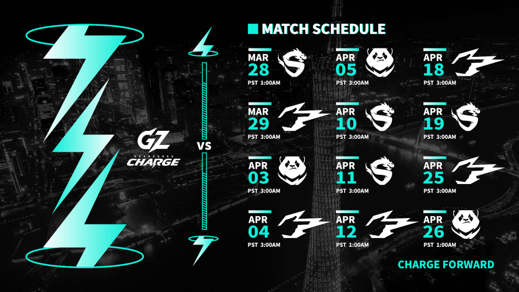 A graphic showing the schedule for the Guangzhou Charge featuring the team logo and the dates in bright blue neon lettering