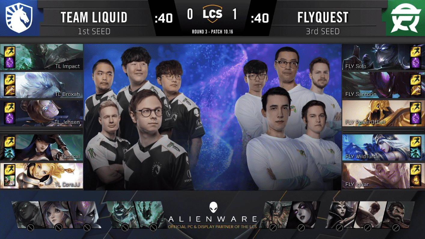 A pre-game screen showing the Team Liquid and FlyQuest LCS rosters with their game drafts and champion images to the sides