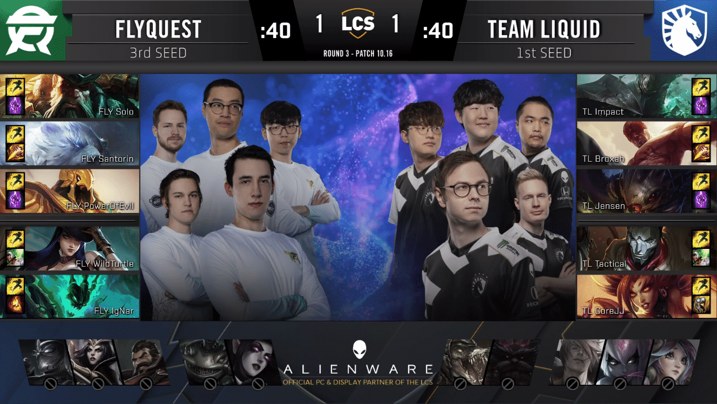 A pre-game screen showing the Team Liquid and FlyQuest LCS rosters with their game drafts and champion images to the sides