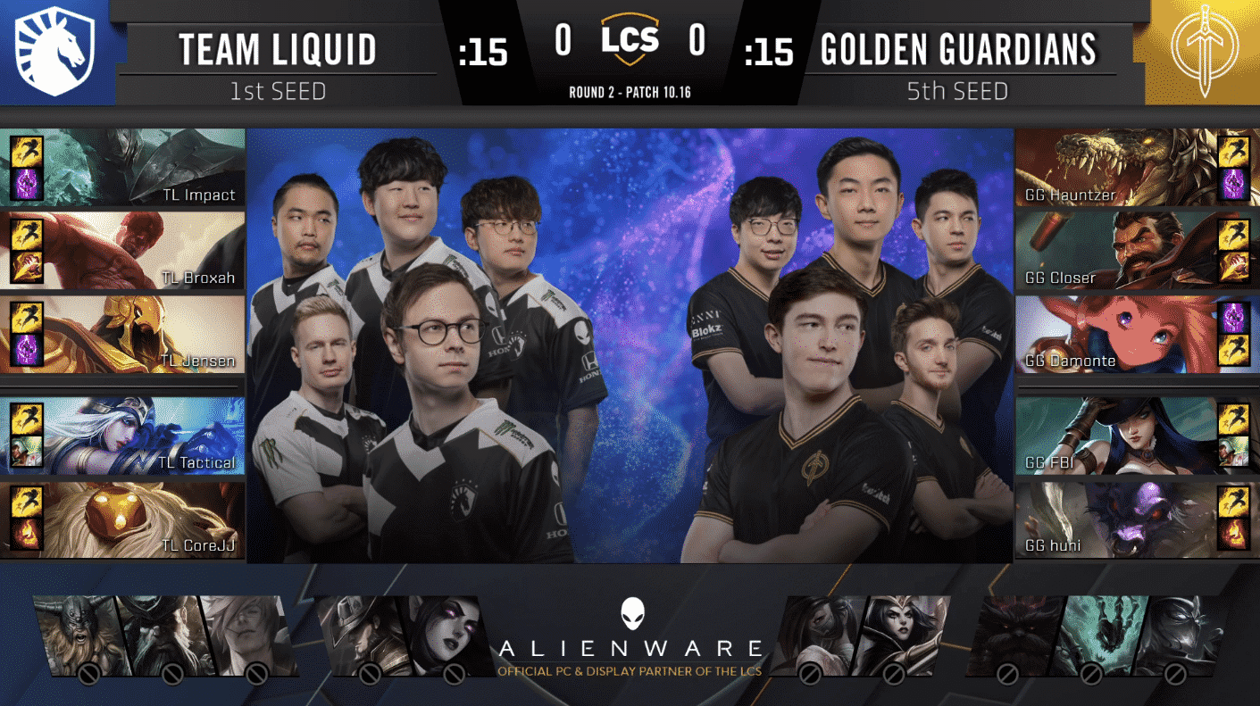 A pre-game screen showing the Team Liquid and Golden Guardians LCS rosters with their game drafts and champion images to the sides