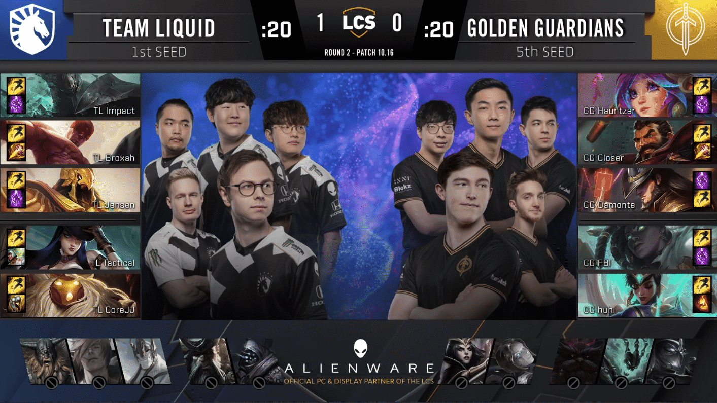 A pre-game screen showing the Team Liquid and Golden Guardians LCS rosters with their game drafts and champion images to the sides