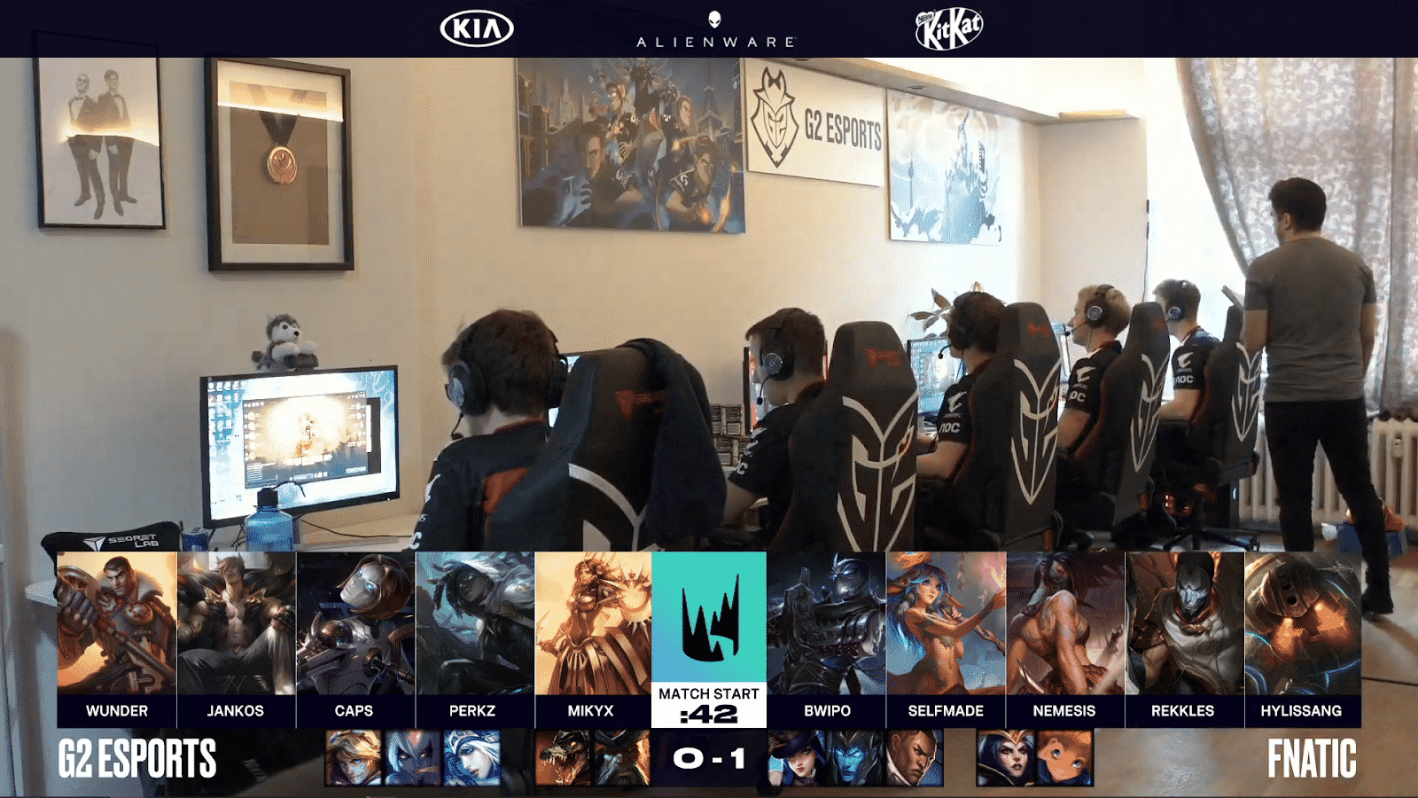 G2 Esports' LEC team getting ready for game with their game two draft versus Fnatic beneath