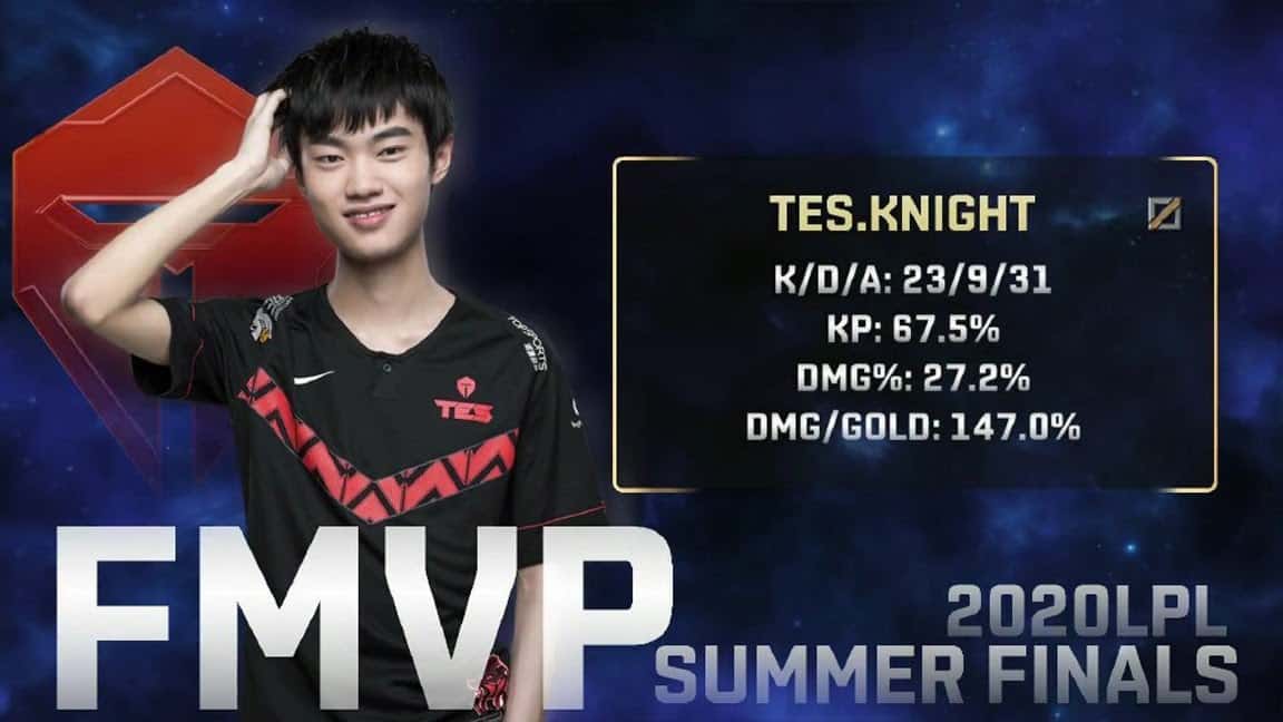 TES.Knight stands, smiling for the camera while he scratches his head. The letters "FMVP"  appear below him, along with his K/D/A and other notable damage scores