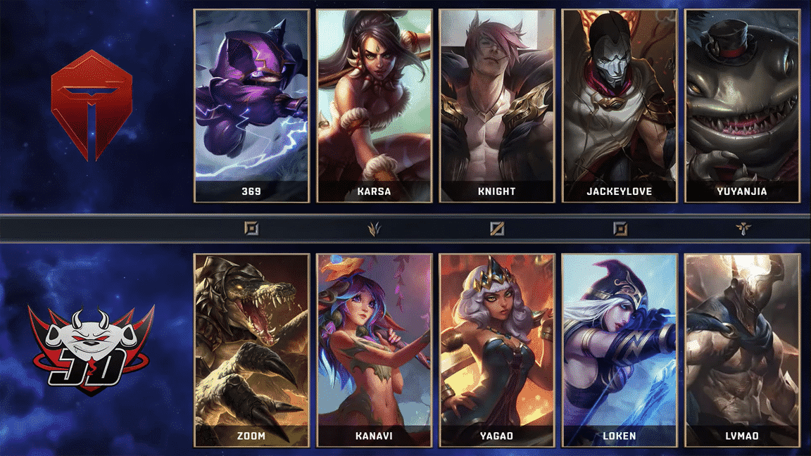 The champion select screen for both Top Esports and JD Gaming for Game 1