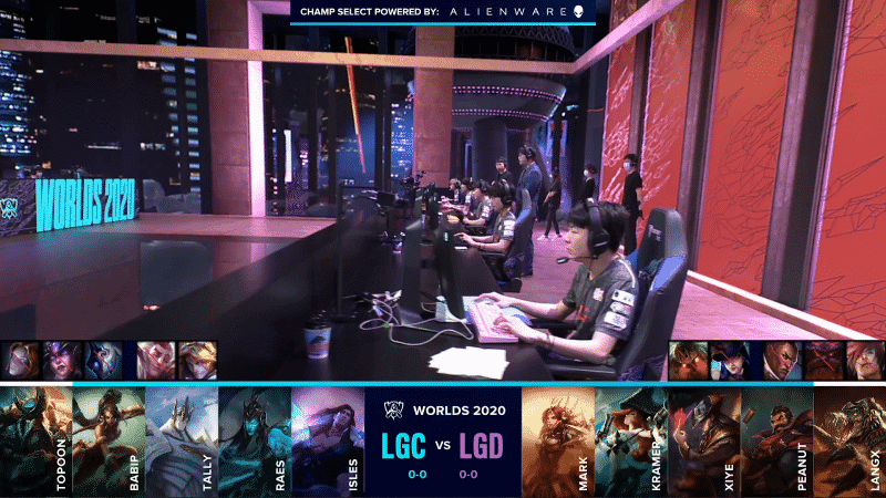 The LGD Gaming LoL team playing on the Worlds stage with their game one draft against Legacy below