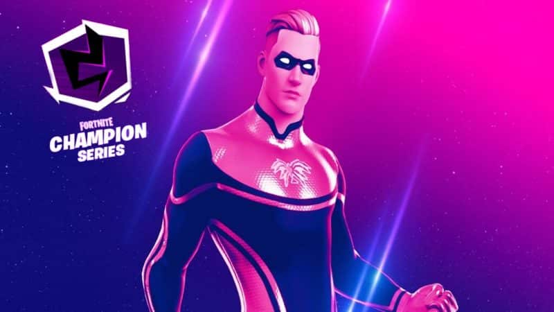 The Spiderman skin as it appears in Fortnite, the FNCS logo and the words Fortnite Championship Series appear to the right