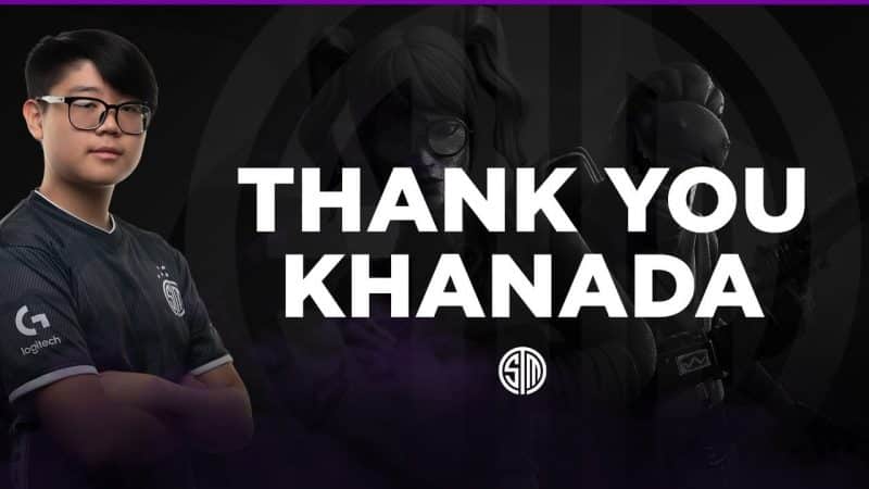 Pro Fortnite player Leon "Khanada" Khim stands with his arms folded next to the words "Thank you Khanada: over a dim TSM logo on a black background