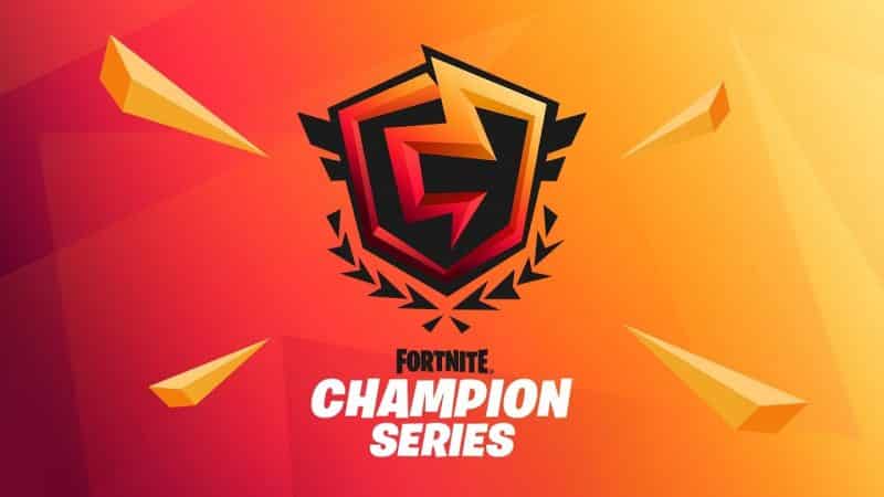 The FNCS logo appears above the words "Fortnite Champion Series" on a red, orange and yellow gradient background