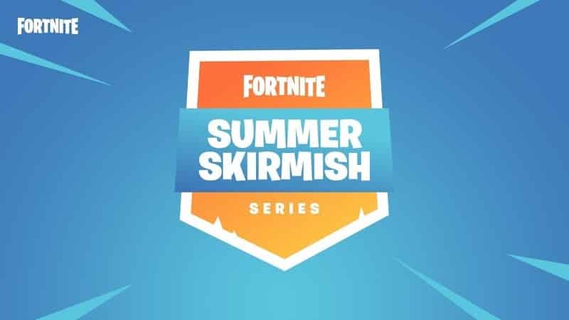 The words "Fortnite Summer Skirmish Series" appear in a blue and yellow shield-shaped area on top of a light blue background with white action lines