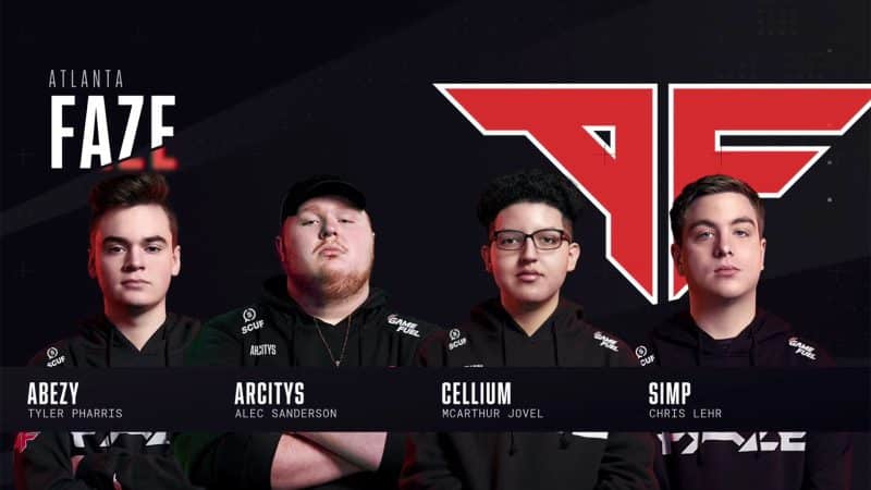 The roster of the Atlanta Faze stand against a black background in their team jerseys