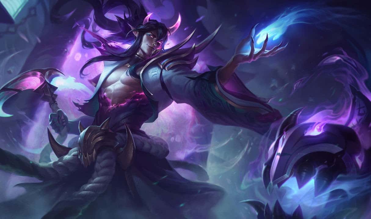 The splash art for LoL's Spirit Blosson Thresh, with the corrupted man holding his hook and manipulating the essence of a soul.