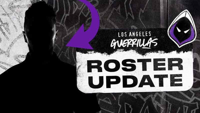 A silhoutted CoD player has a purple arrow pointing at them with the words "LA Guerillas Roster Update" next to it.