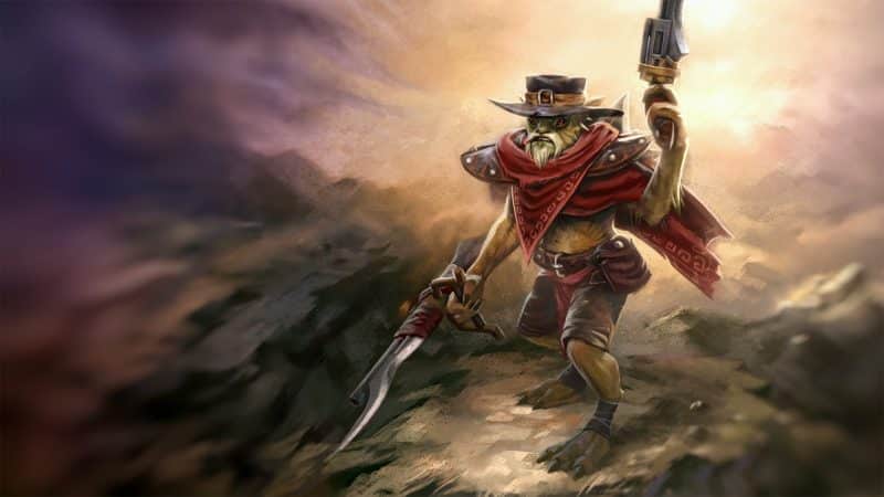 The Hunter with No Name splash wallpaper, featuring the goblinoid Bounty Hunter stalks through rugged terrain with his blades drawn