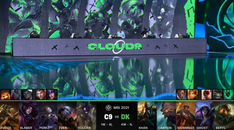 A screenshot from the LoL Esports broadcast for the Mid-Season Invitational (MSI) match between DAMWON KIA and Cloud9. The picked and banned champion drafts appear at the bottom of the image with a shot of the C9 squad on the MSI stage above.