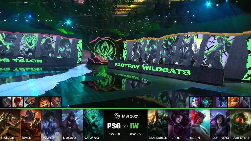 A screenshot from the LoL Esports broadcast for the Mid-Season Invitational (MSI) match between PSG.Talon and fastPay Wildcats. The picked and banned champion drafts appear at the bottom of the image with a shot of the 2021 MSI stage above.