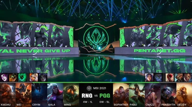 A screenshot from the LoL Esports broadcast for the Mid-Season Invitational (MSI) match between Royal Never Give Up (RNG) and Pentanet.GG. The picked and banned champion drafts appear at the bottom of the image with a shot of the 2021 MSI stage above.