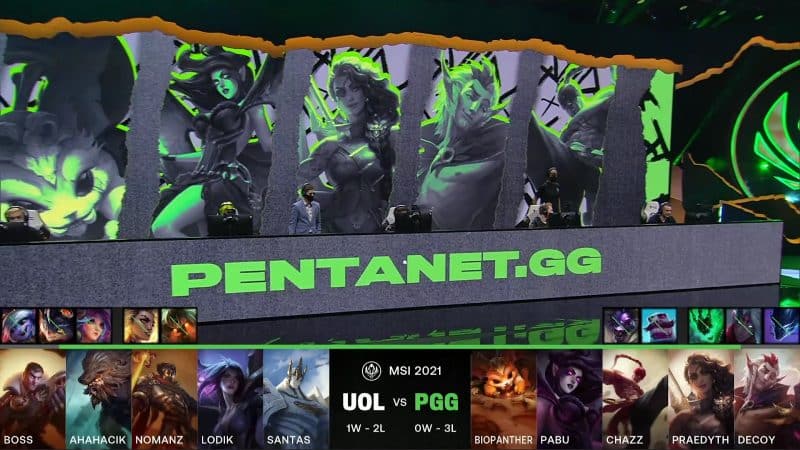 A screenshot from the LoL Esports broadcast for the Mid-Season Invitational (MSI) match between Pentanet.gg and Unicorns of Love. The picked and banned champion drafts appear at the bottom of the image with a shot of the 2021 MSI Stage above.