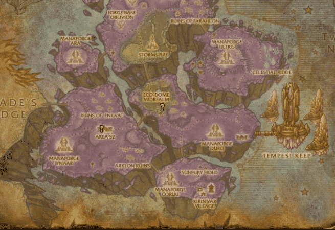 A map of Netherstorm with a yellow question mark showing the location of the NPC Hahruj inside the Eco-Drome Midrealm