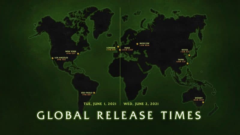 A map of the world shows the global release times in different countries for TBC Classic across June 1 and 2