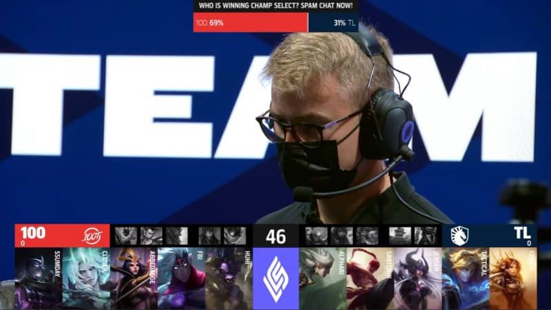 A screenshot from the LCS broadcast for the Summer Championship Finals match between Team Liquid and 100 Thieves. The Game One drafts appear on screen with a shot of TL coach Kold above.