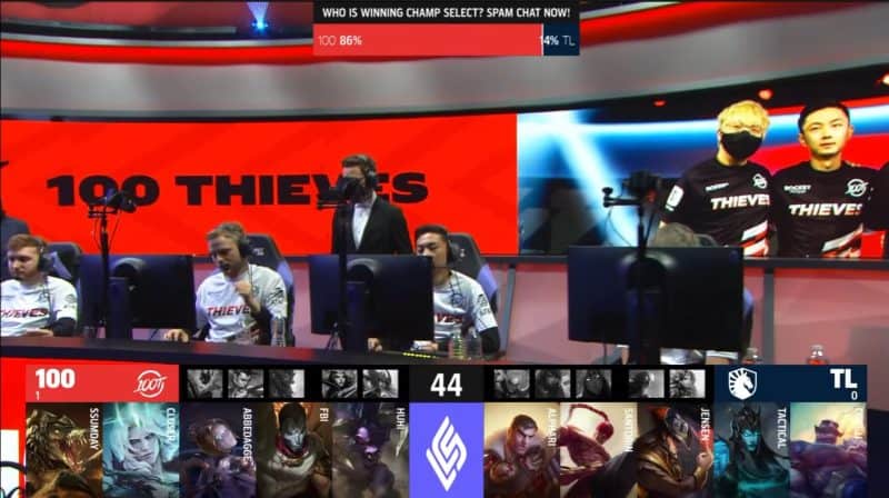 A screenshot from the LCS broadcast for the Summer Championship Finals match between Team Liquid and 100 Thieves. The Game Two drafts appear on screen with a shot of the 100T LoL team on the LCS stage above.
