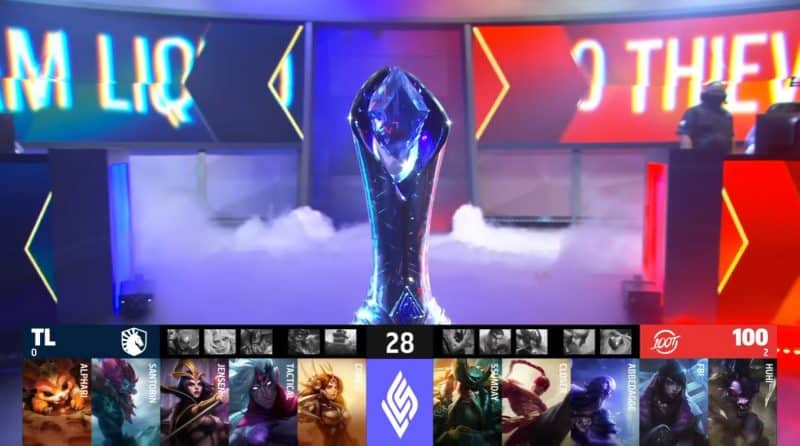 A screenshot from the LCS broadcast for the Summer Championship Finals match between Team Liquid and 100 Thieves. The Game Three drafts appear on screen with a shot of the LCS trophy on stage above.