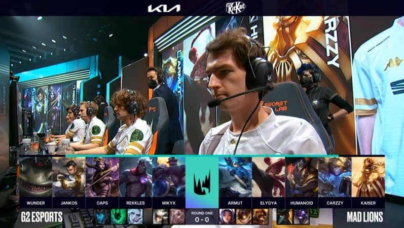 A screenshot from the LEC broadcast for the Summer Playoffs match between G2 Esports and MAD Lions. The Game One drafts appear on screen with a shot of Kaiser and the MAD Lions LoL team above.