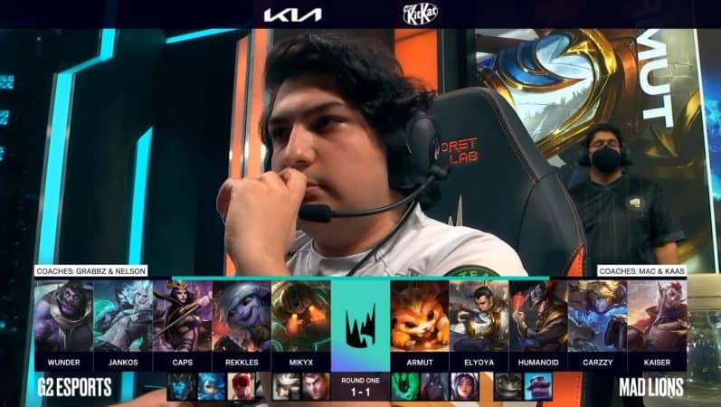 A screenshot from the LEC broadcast for the Summer Playoffs match between G2 Esports and MAD Lions. The Game Three drafts appear on screen with a shot of MAD Armut above.