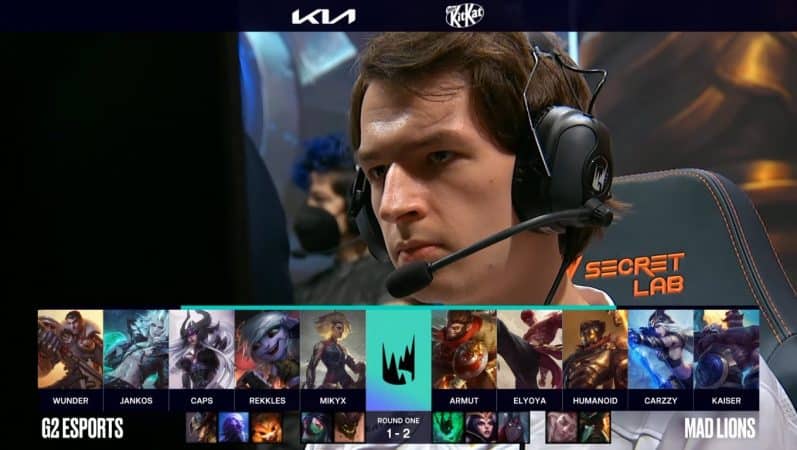 A screenshot from the LEC broadcast for the Summer Playoffs match between G2 Esports and MAD Lions. The Game Four drafts appear on screen with a shot of MAD Kaiser above.