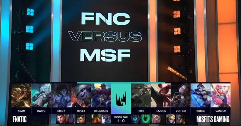 A screenshot from the LEC broadcast for the Summer Playoffs match between Fnatic and Misfits. The Game Two drafts appear on screen with a shot of words "FNC Versus MSF" on the LEC stage above.