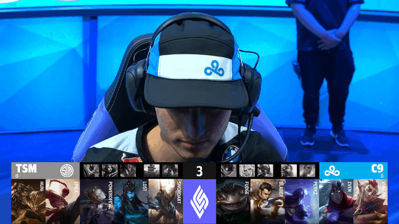 A screenshot from the LCS broadcast for the Summer Championship match between TSM and Cloud9. The Game One drafts appear on screen with a shot of C9 Perkz above.