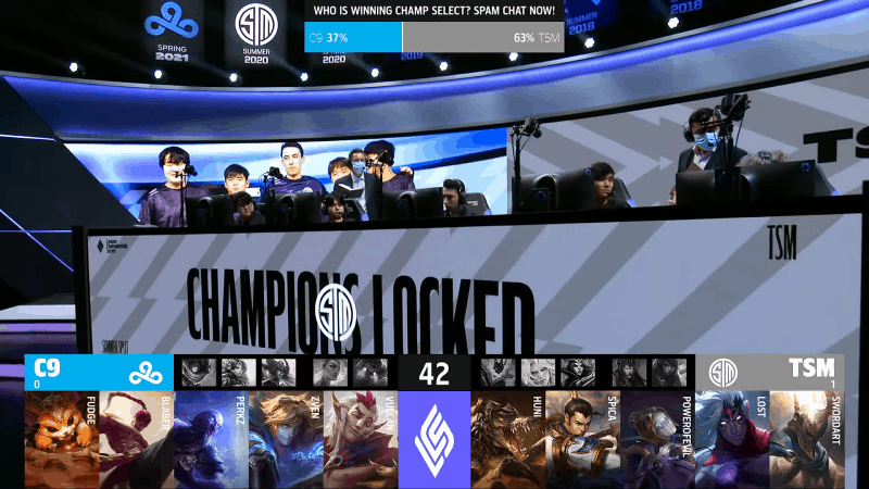 A screenshot from the LCS broadcast for the Summer Championship match between TSM and Cloud9. The Game Two drafts appear on screen with a shot of the TSM LoL team on the LCS stage above.