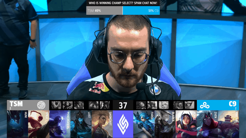 A screenshot from the LCS broadcast for the Summer Championship match between TSM and Cloud9. The Game Five drafts appear on screen with a shot of C9 Vulcan above.