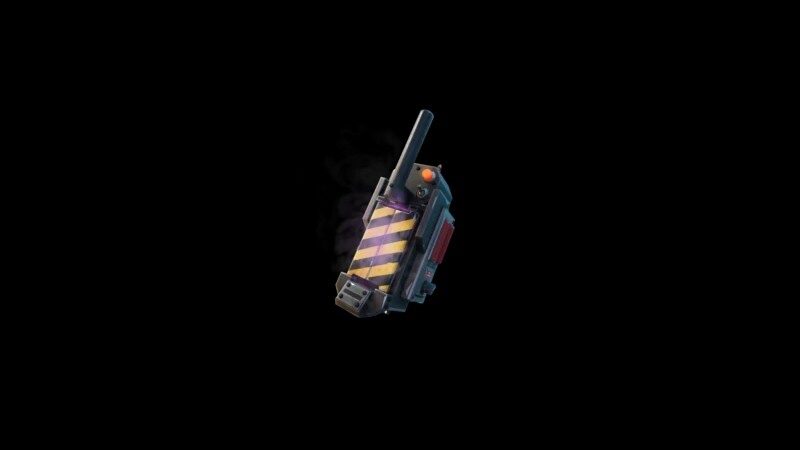 A Ghost Trap item in Fortnite from the Ghostbusters collaboration appears on a black background.