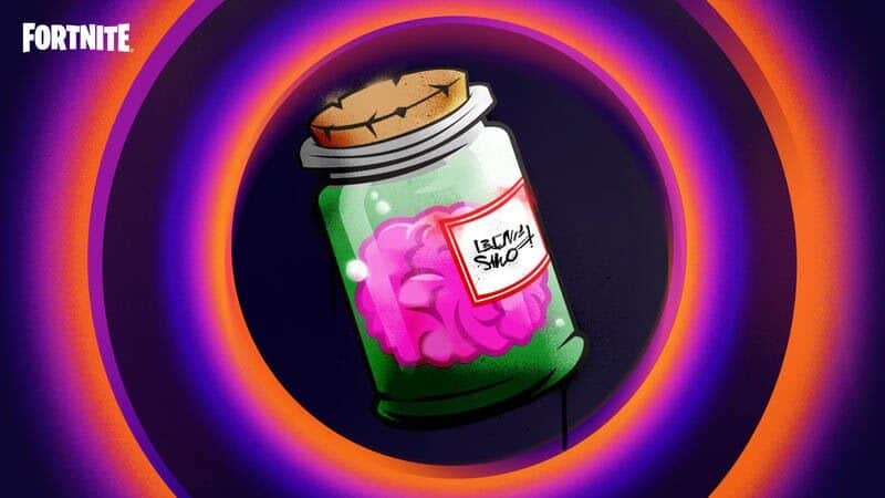 The Spray Matter Fortnite spray, a brain in a jar, appears on a background with orange and purple rings around it.