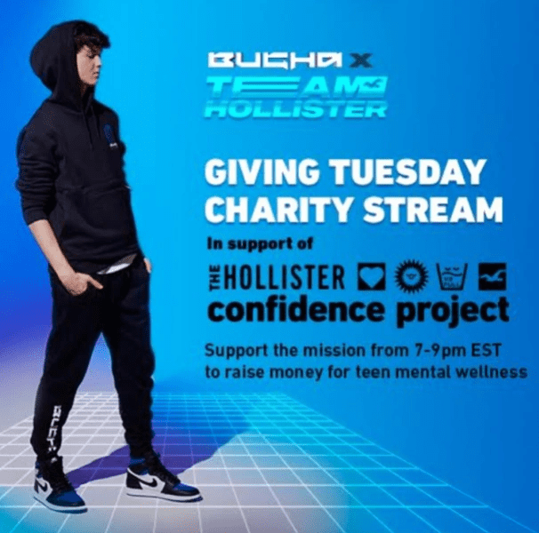 Fortnite World Champion, Kyle "Bugha" Giersdorf, stands in a black hoodie with his hands in his pockets. The details for Team Hollisters "Giving Tuesday Charity Stream" appear beside him in black and white against a blue background