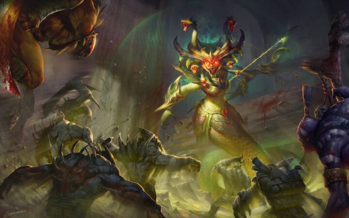The Dota 2 Hero Medusa raises her sword as she slithers in to battle with fangs bared