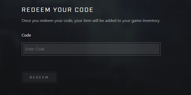 The redemption screen showing where players can input their codes