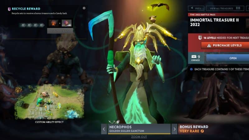 Necrophos drains the health of his enemies with the Heartstopper Aura in the Golden Sullen Sanctum set