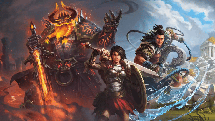 Surtr standing alongside SMITE Gods Bellona and Maui