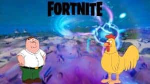Peter Griffin and Ernie the Giant Chicken from Family Guy appear with the word Fortnite above them over a background depicting a purple desert with a large crater