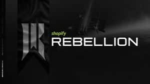 The words "Shopify Rebellion" appear against a black and white sky. A stylized R appears on an unfurled flag in the left of the frame
